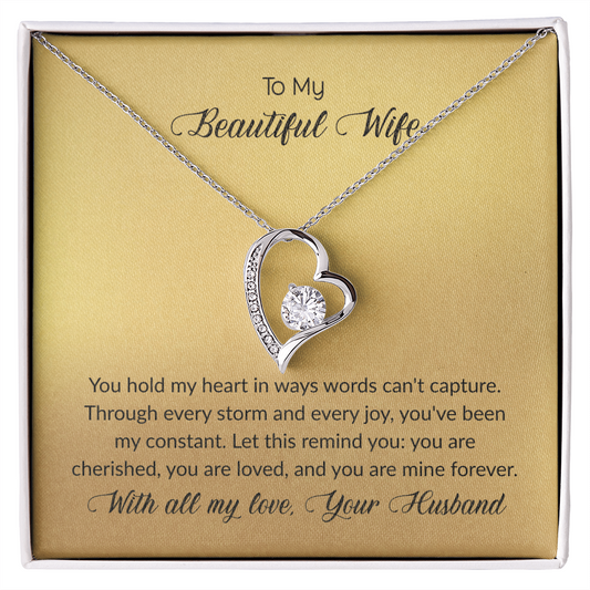 Forever Love heart necklace for wife featuring a 6.5mm cubic zirconia crystal in a polished heart pendant with white gold finish, romantic jewelry gift displayed on message card