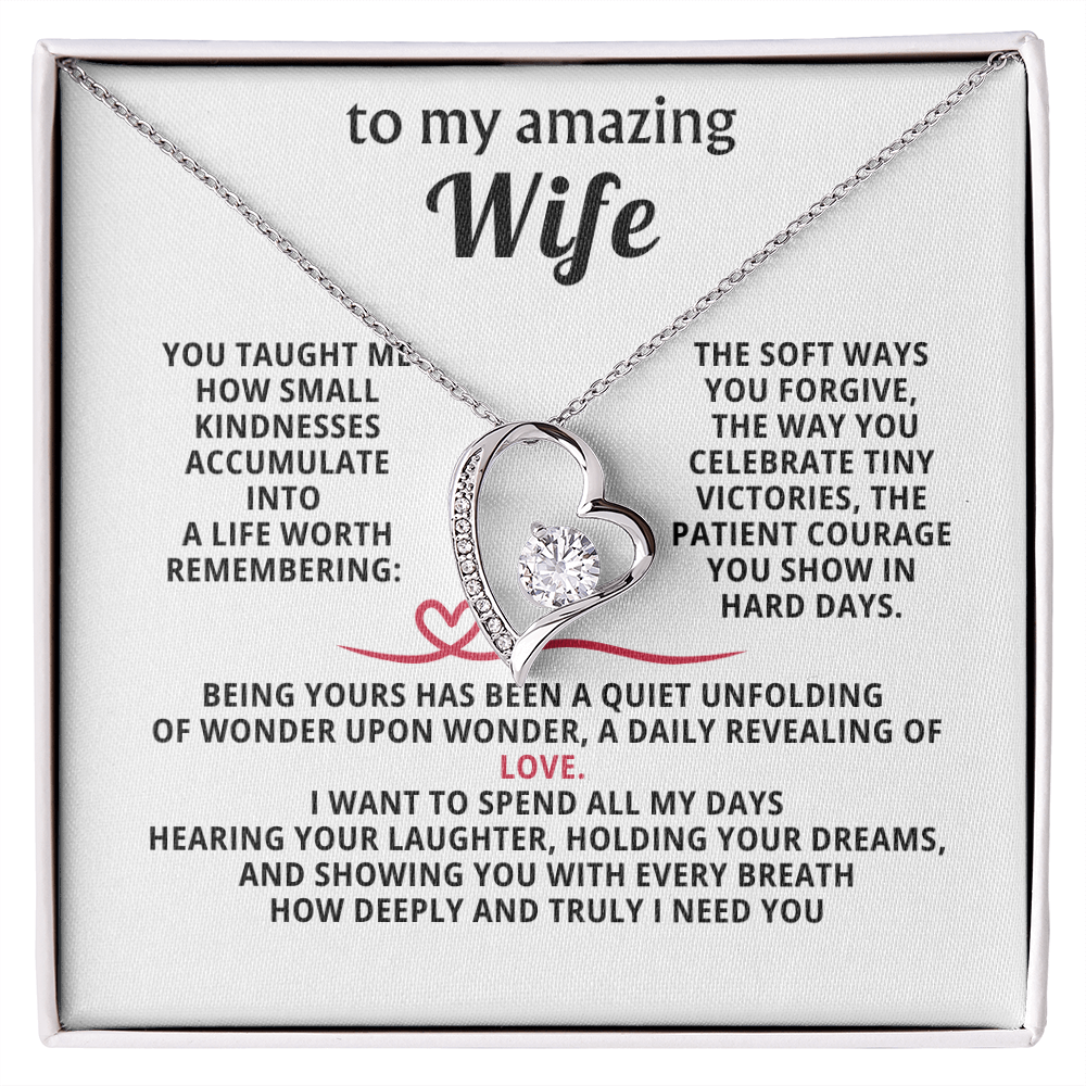"To My Amazing Wife Forever Love Heart Necklace - 14K White Gold Finish with 6.5mm CZ Crystal and Infinity Message Card - Romantic Anniversary Birthday Valentine's Day Christmas Gift for Wife from Husband"