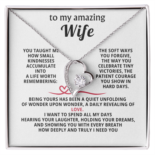 "To My Amazing Wife Forever Love Heart Necklace - 14K White Gold Finish with 6.5mm CZ Crystal and Infinity Message Card - Romantic Anniversary Birthday Valentine's Day Christmas Gift for Wife from Husband"