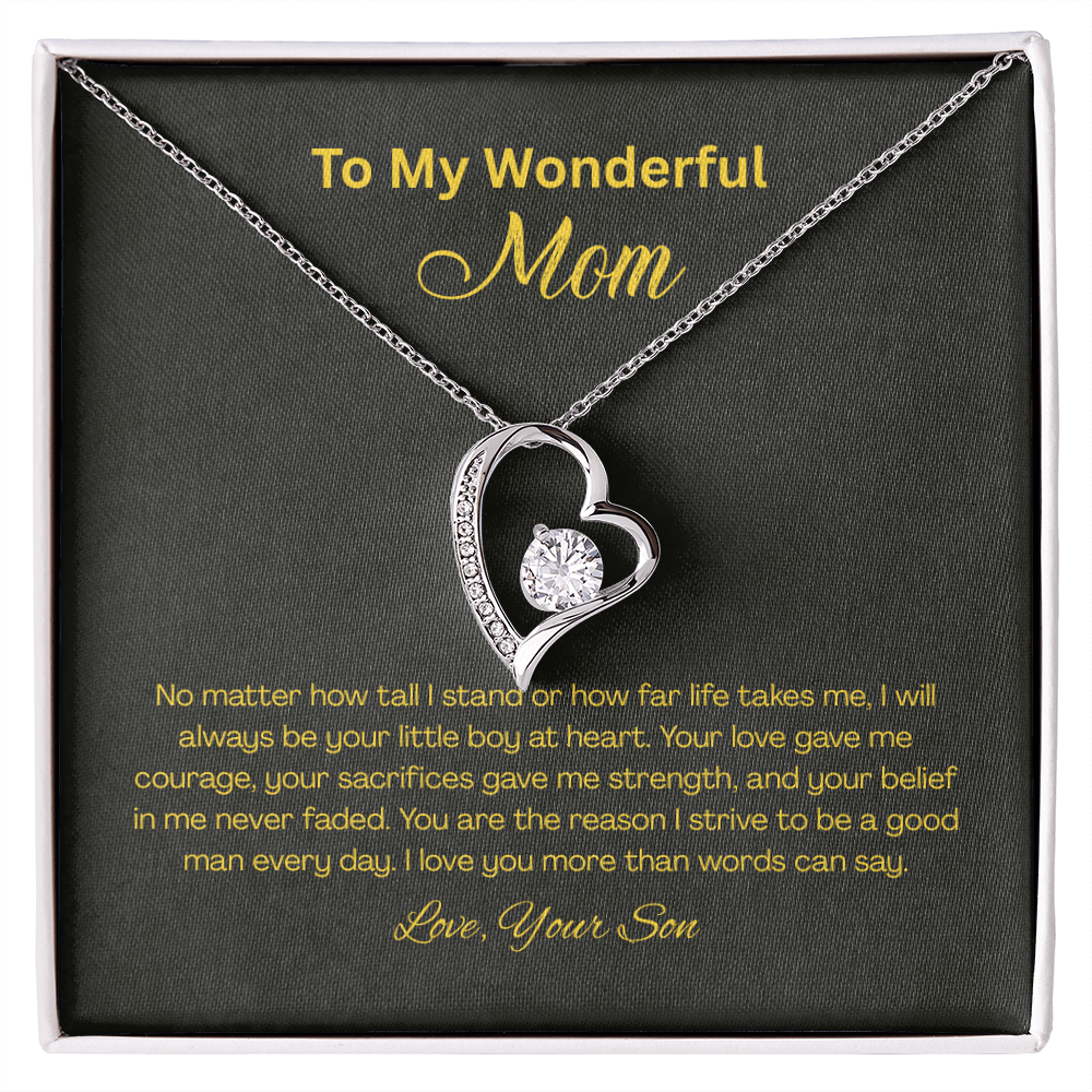 Son to Mom Forever Love heart necklace with 6.5mm cubic zirconia crystal in white gold finish, sentimental Mother’s Day gift jewelry in luxury gift box.