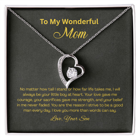 Son to Mom Forever Love heart necklace with 6.5mm cubic zirconia crystal in white gold finish, sentimental Mother’s Day gift jewelry in luxury gift box.