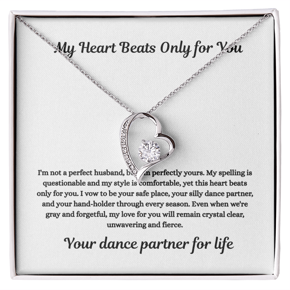 "Forever Love Necklace with heart pendant and 6.5mm cubic zirconia stone, white or yellow gold finish, displayed on romantic husband-to-wife message card."