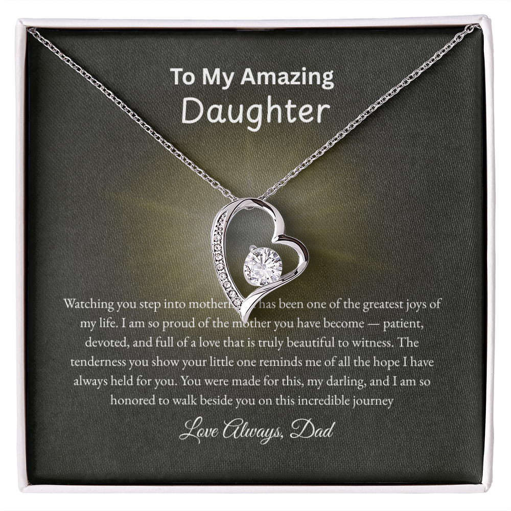 Forever Love heart necklace for daughter featuring 6.5mm round cut cubic zirconia in white gold finish with sentimental message card from Dad