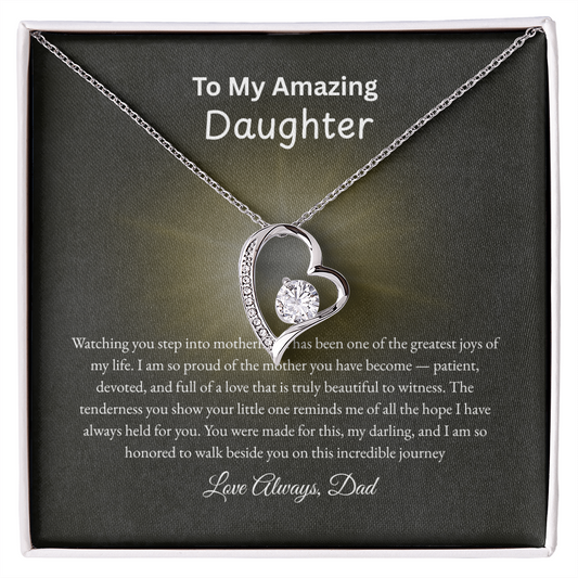 Forever Love heart necklace for daughter featuring 6.5mm round cut cubic zirconia in white gold finish with sentimental message card from Dad