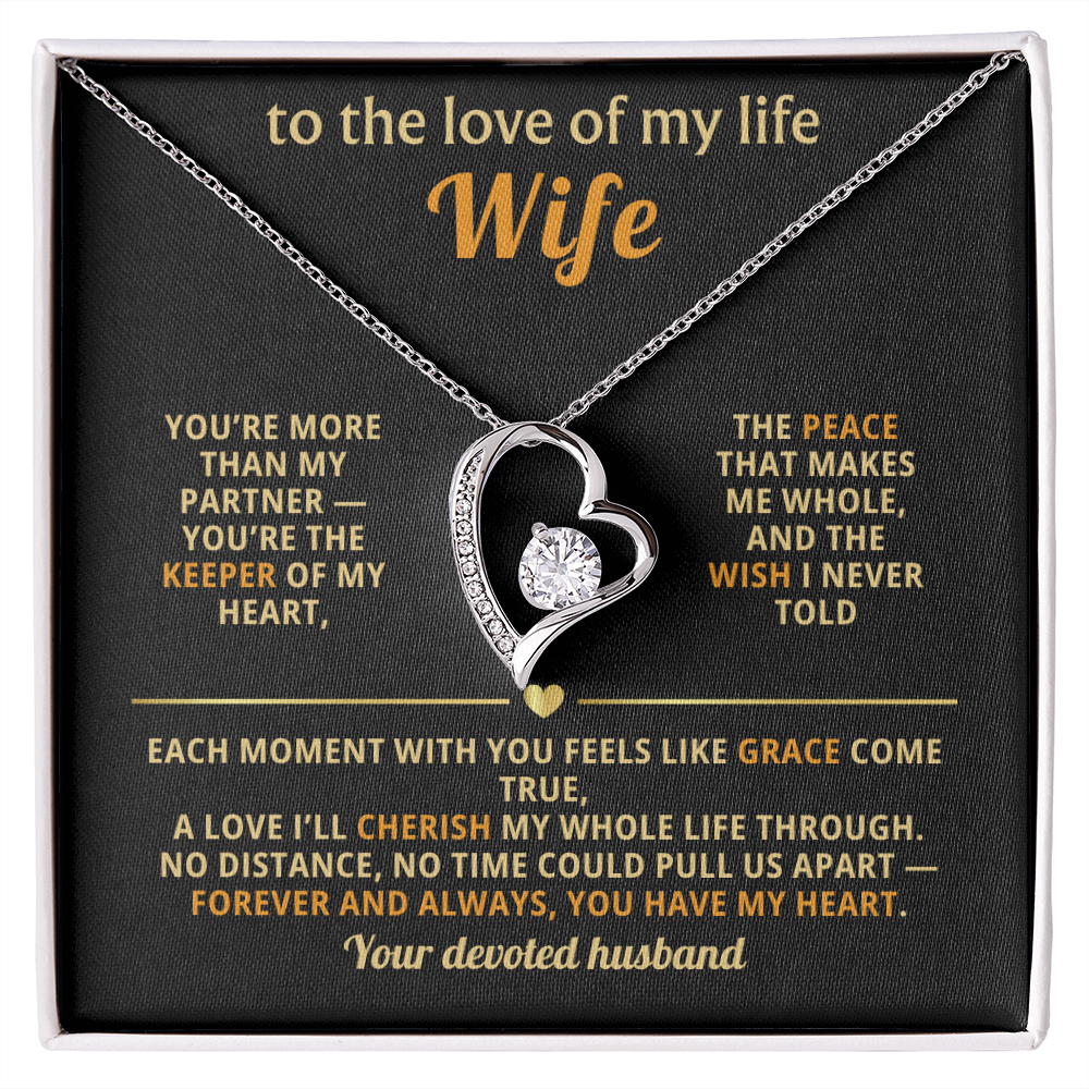 "Heart pendant necklace for wife with cubic zirconia stone in gift box – white gold over stainless steel – romantic gift from husband"