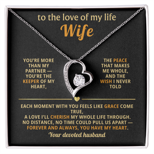 "Heart pendant necklace for wife with cubic zirconia stone in gift box – white gold over stainless steel – romantic gift from husband"