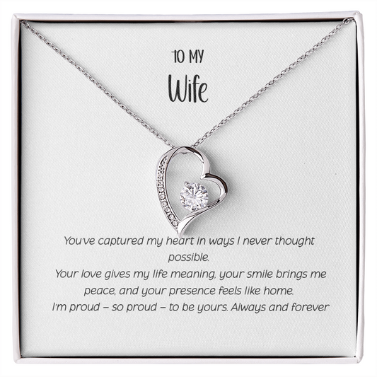 Forever Love heart-shaped necklace with sparkling CZ crystal center in white gift box labeled "To My Wife" with romantic message card - Perfect anniversary or birthday gift for wife