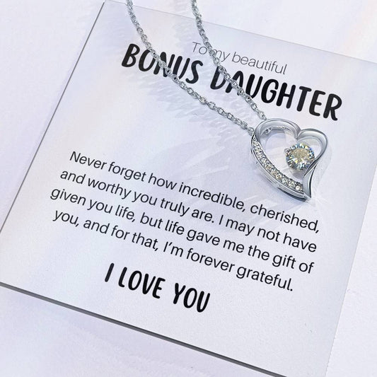Bonus daughter heart necklace gift  - Forever Love pendant with inspirational message card saying I Love You to stepdaughter