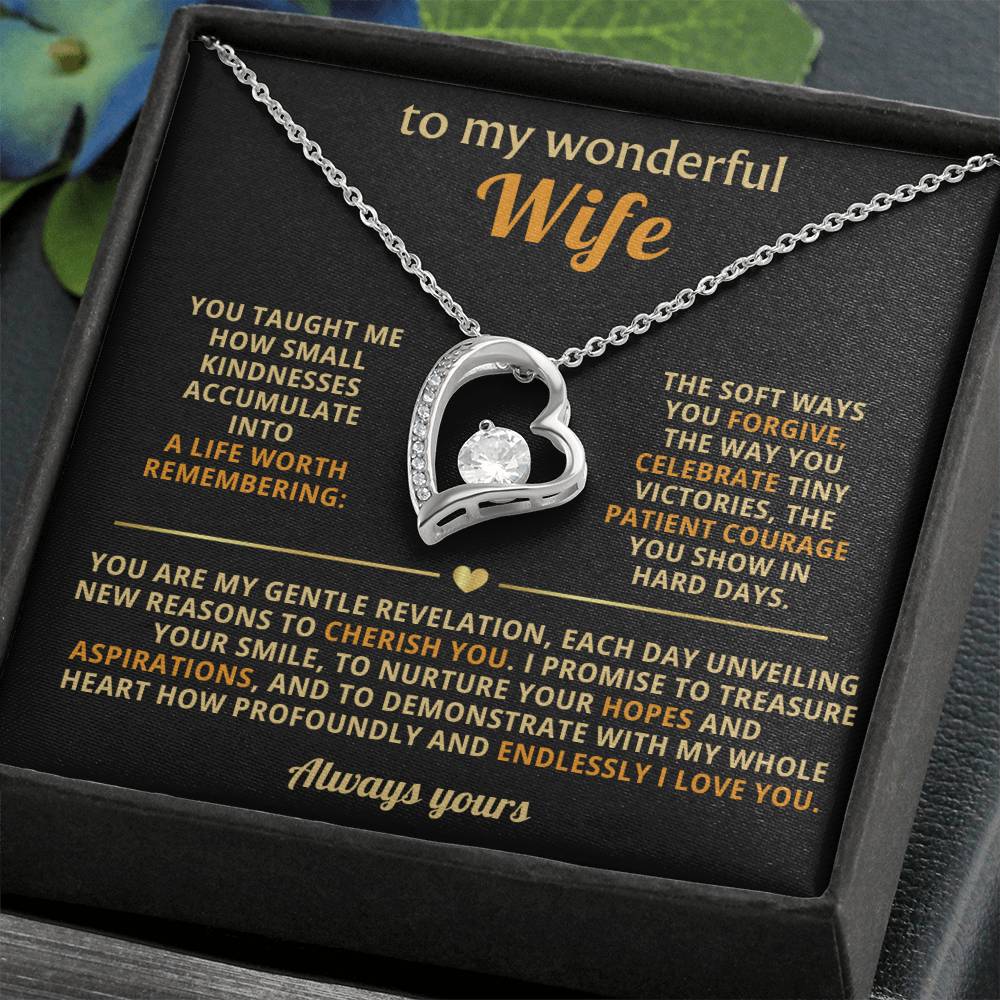 "To My Wonderful Wife Forever Love Heart Necklace - 14K White Gold Finish with 6.5mm CZ Crystal and Sentimental Message Card - Romantic Anniversary Valentine's Day Birthday Gift for Wife from Husband"