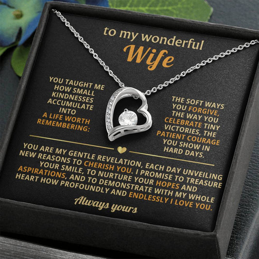"To My Wonderful Wife Forever Love Heart Necklace - 14K White Gold Finish with 6.5mm CZ Crystal and Sentimental Message Card - Romantic Anniversary Valentine's Day Birthday Gift for Wife from Husband"