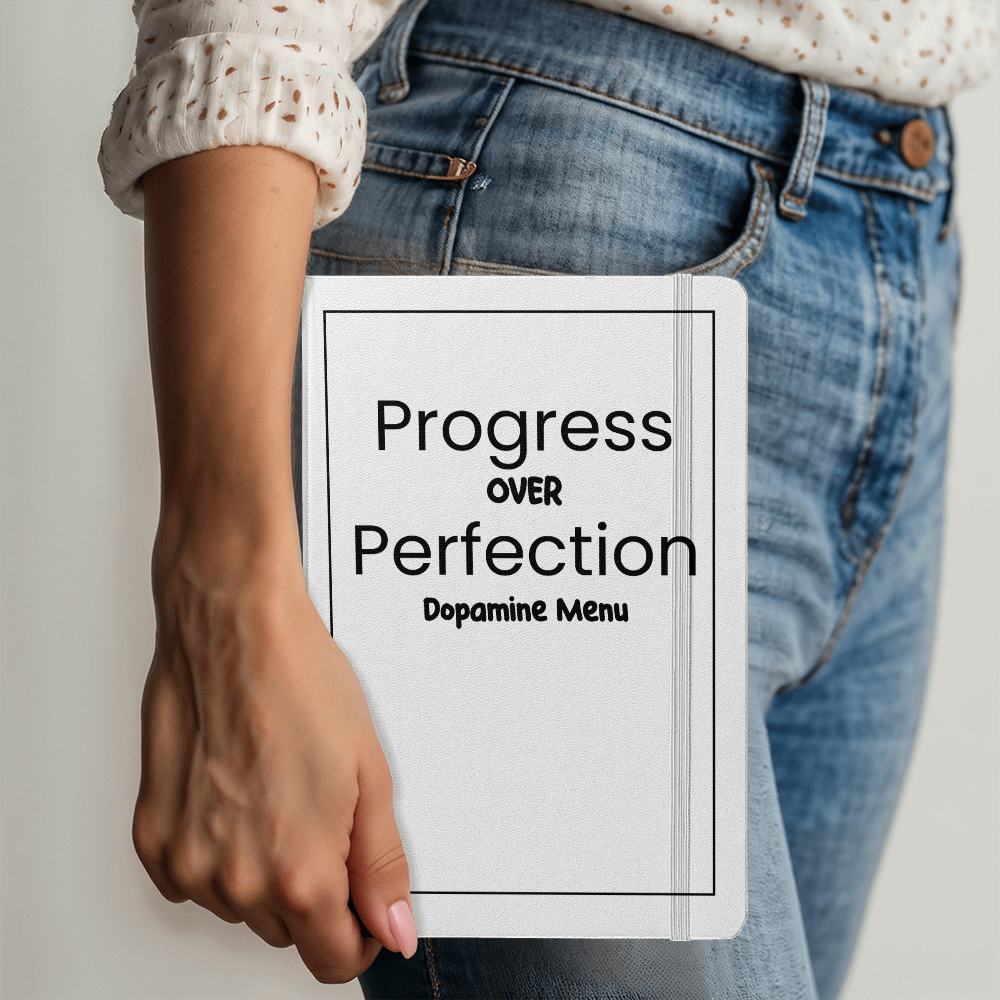 Progress Over Perfection Dopamine Menu Journal | 5.5" x 8.5" Hardcover Lined Notebook | Orange Motivational Planner with Ribbon Marker