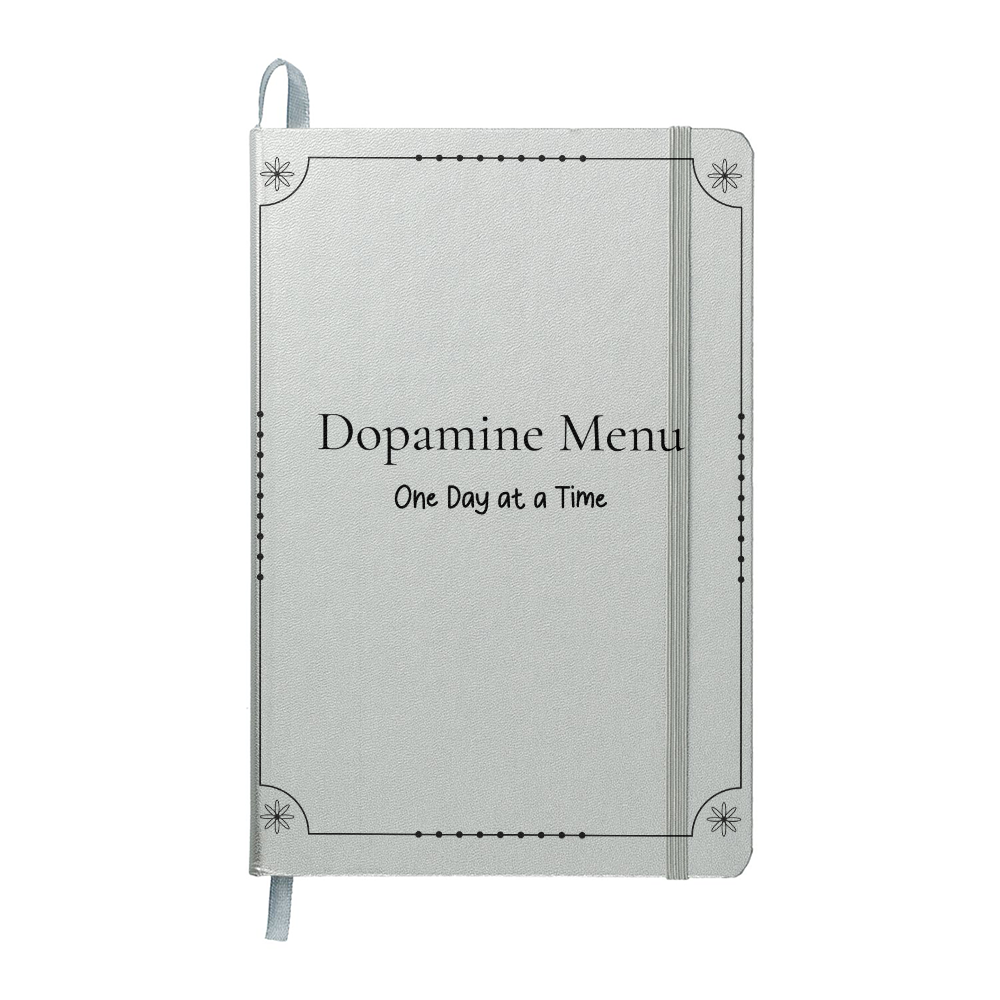 Dopamine Menu Journal - One Day at a Time | 5.5" x 8.5" Lime Green Hardcover Planner | Mindfulness Notebook -Black test and border