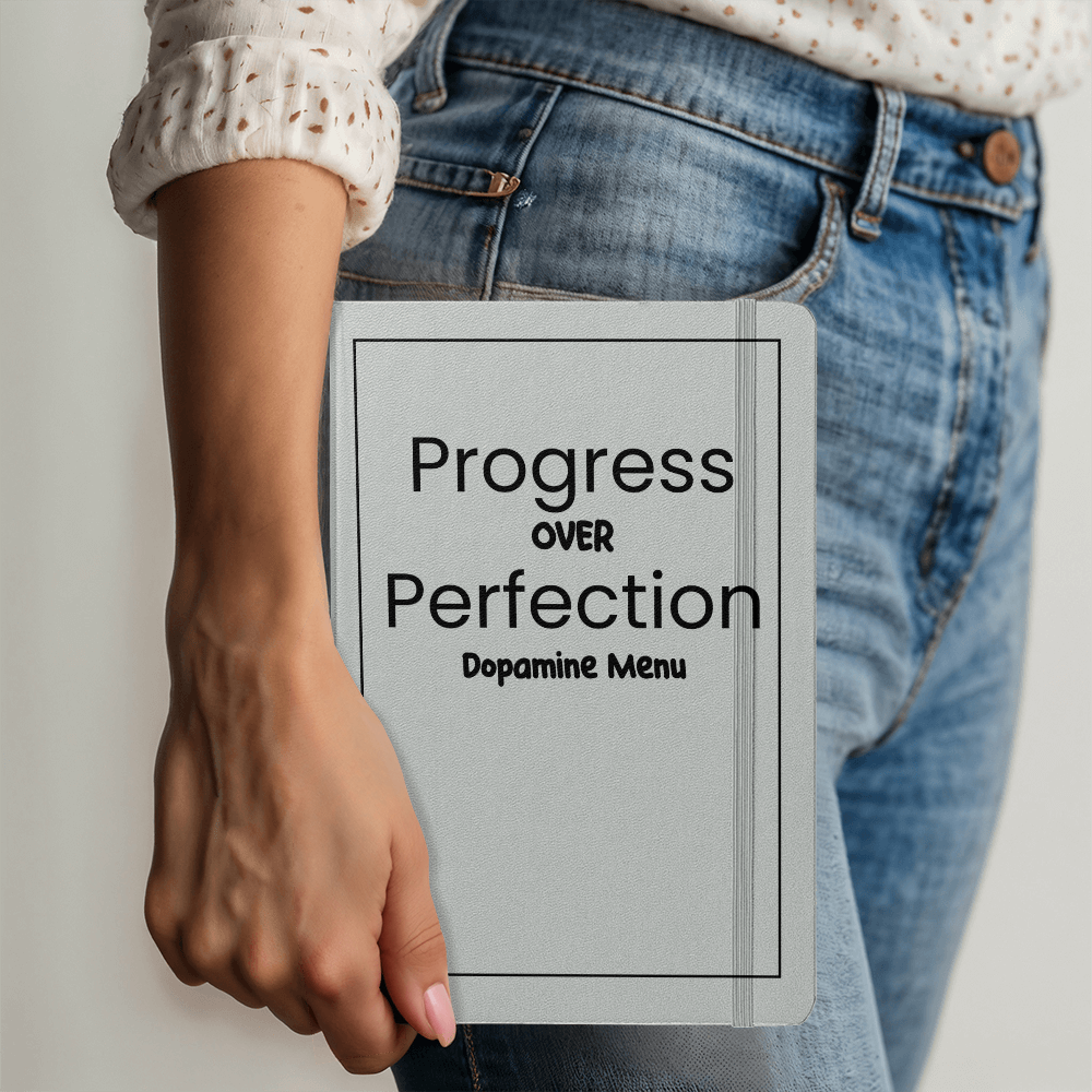 Progress Over Perfection Dopamine Menu Journal | 5.5" x 8.5" Hardcover Lined Notebook | Orange Motivational Planner with Ribbon Marker