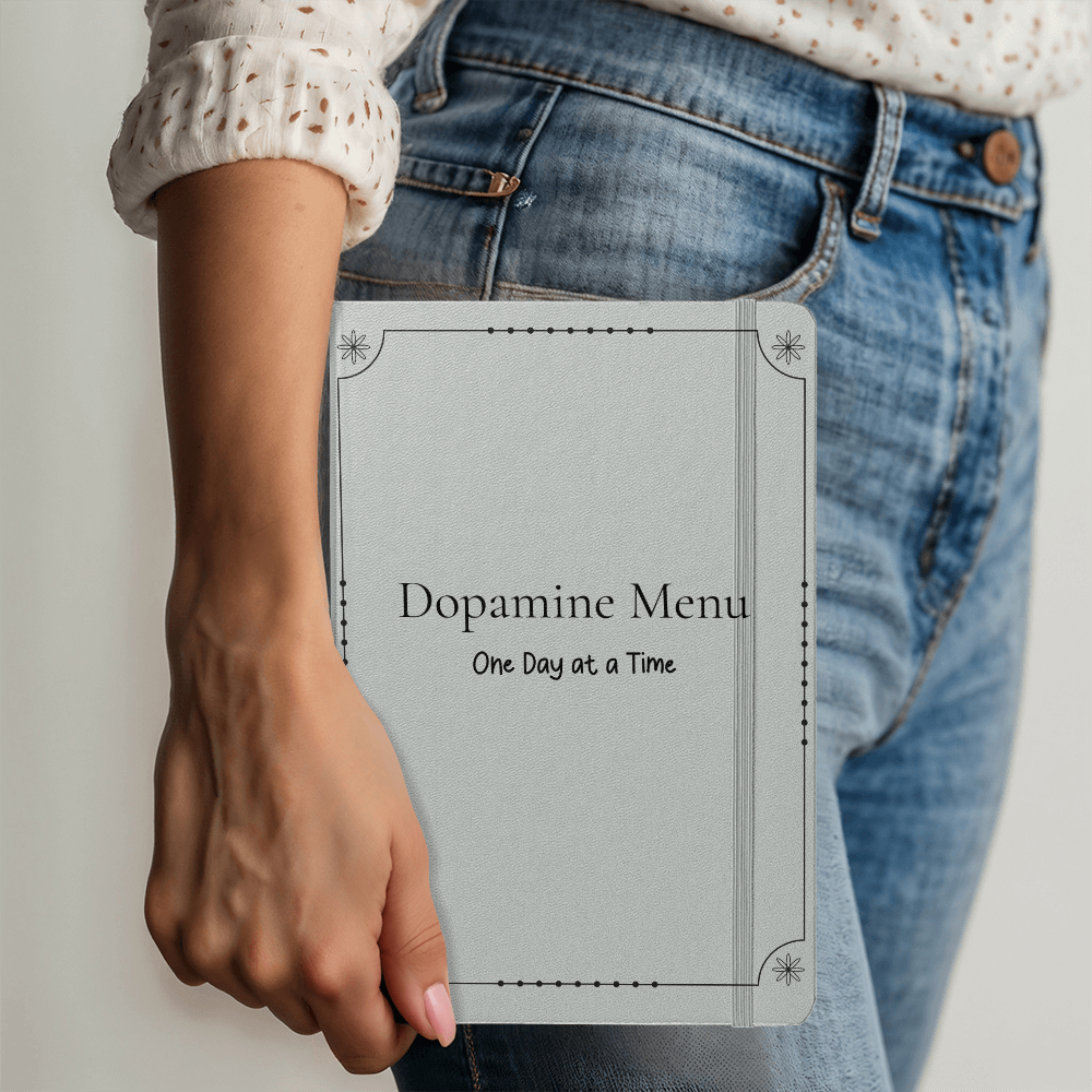 Dopamine Menu Journal - One Day at a Time | 5.5" x 8.5" Lime Green Hardcover Planner | Mindfulness Notebook -Black test and border