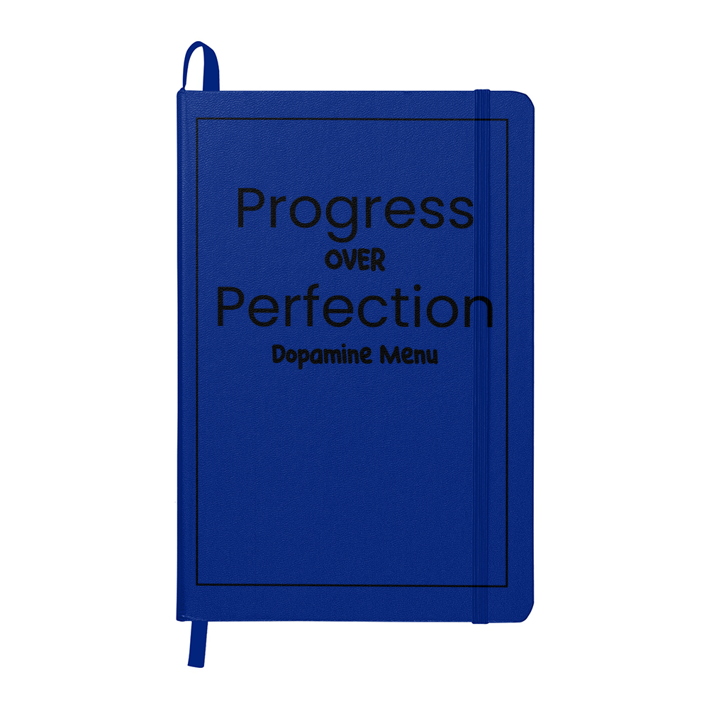 Progress Over Perfection Dopamine Menu Journal | 5.5" x 8.5" Hardcover Lined Notebook | Orange Motivational Planner with Ribbon Marker