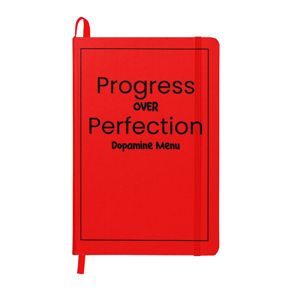 Progress Over Perfection Dopamine Menu Journal | 5.5" x 8.5" Hardcover Lined Notebook | Orange Motivational Planner with Ribbon Marker