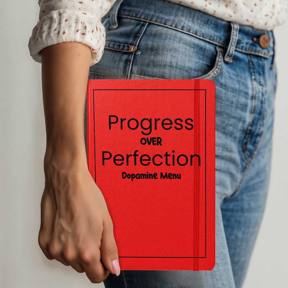 Progress Over Perfection Dopamine Menu Journal | 5.5" x 8.5" Hardcover Lined Notebook | Orange Motivational Planner with Ribbon Marker