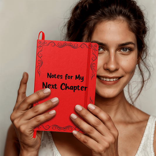 Woman holding a red hardcover bound journal with the phrase “Notes for My Next Chapter,” featuring an elegant lined notebook design for journaling, goal setting, and personal growth.