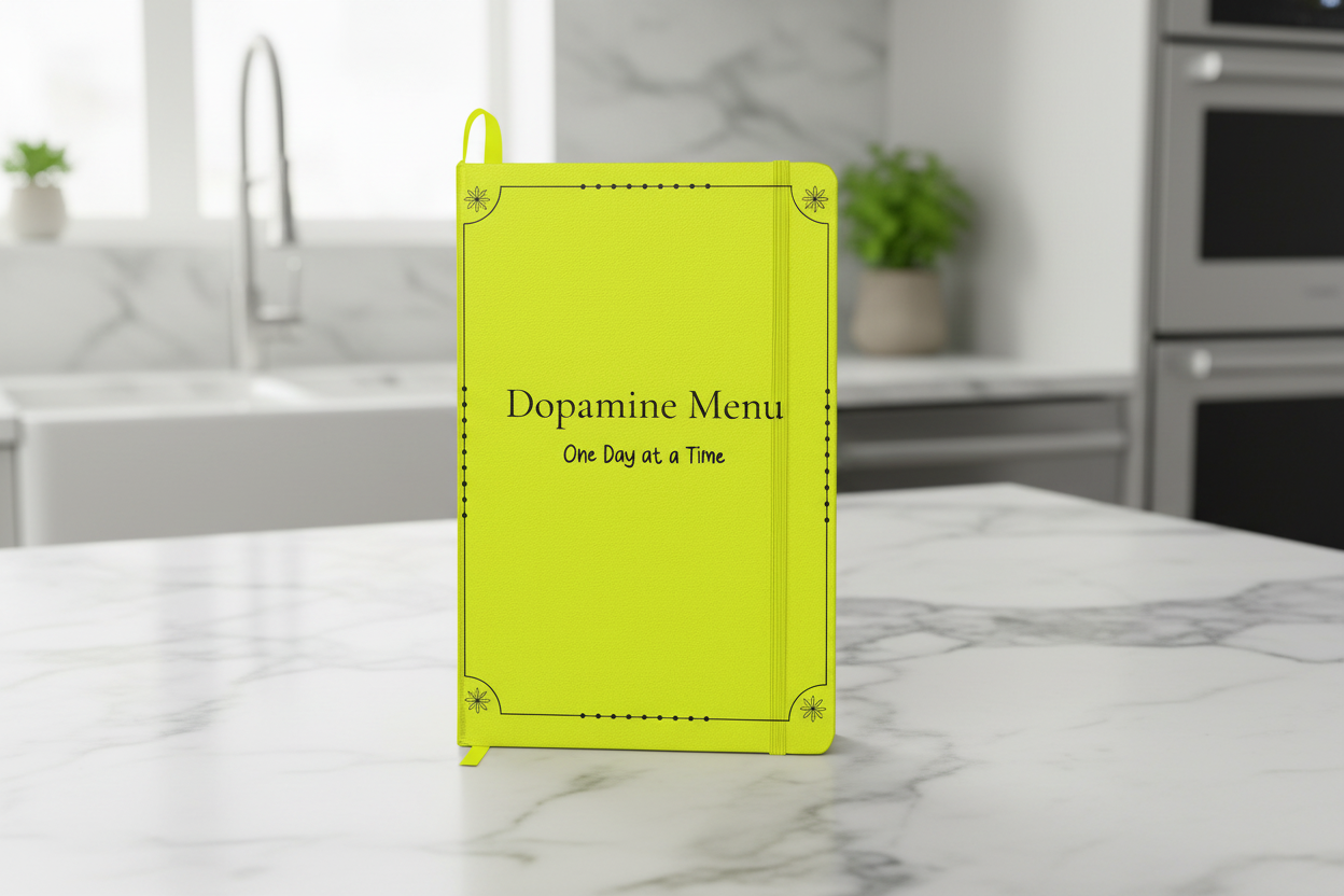 Bright lime green hardcover dopamine menu journal with "One Day at a Time" text standing on white marble kitchen counter, featuring decorative border design and elastic closure