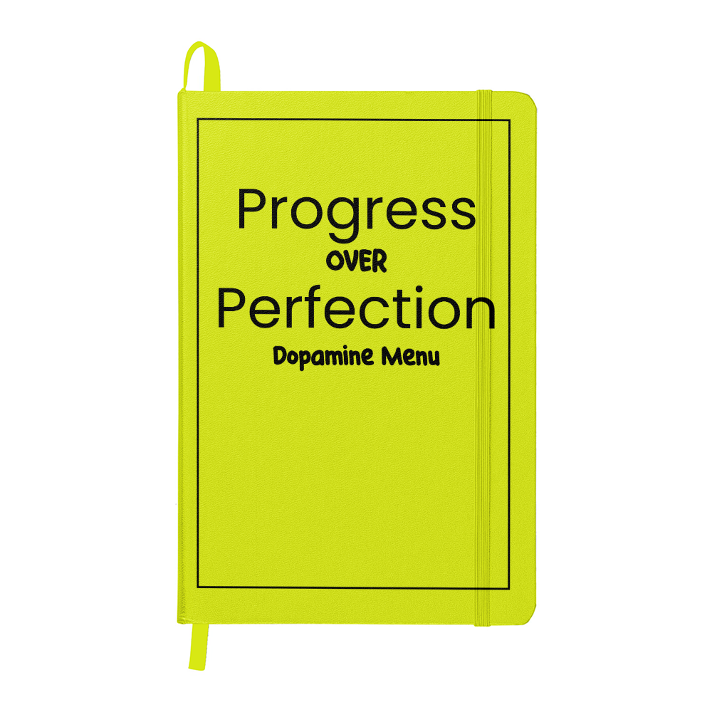 Progress Over Perfection Dopamine Menu Journal | 5.5" x 8.5" Hardcover Lined Notebook | Orange Motivational Planner with Ribbon Marker