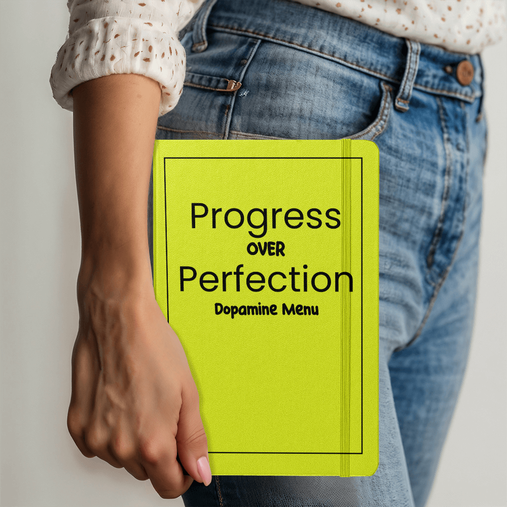 Progress Over Perfection Dopamine Menu Journal | 5.5" x 8.5" Hardcover Lined Notebook | Orange Motivational Planner with Ribbon Marker