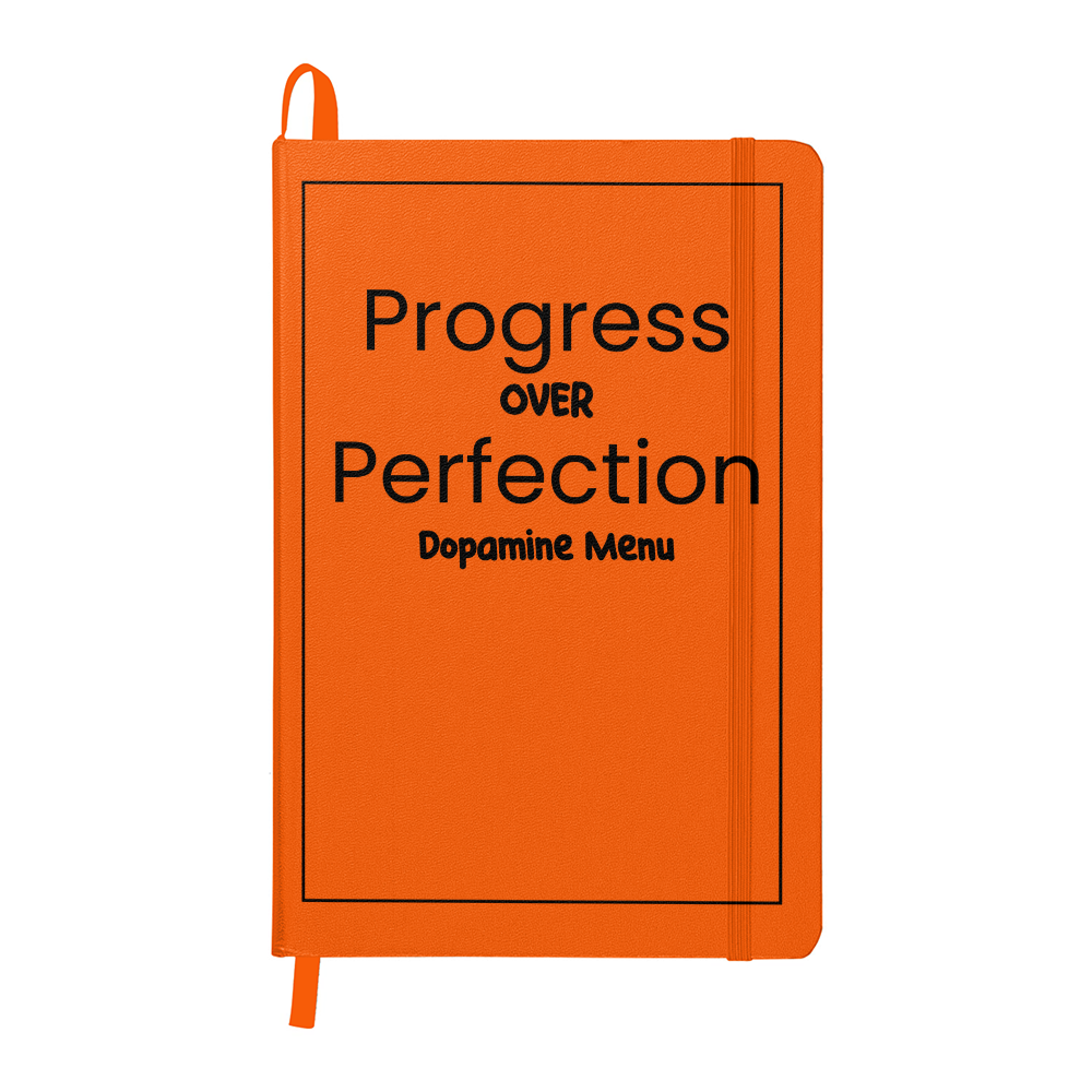 Progress Over Perfection Dopamine Menu Journal | 5.5" x 8.5" Hardcover Lined Notebook | Orange Motivational Planner with Ribbon Marker
