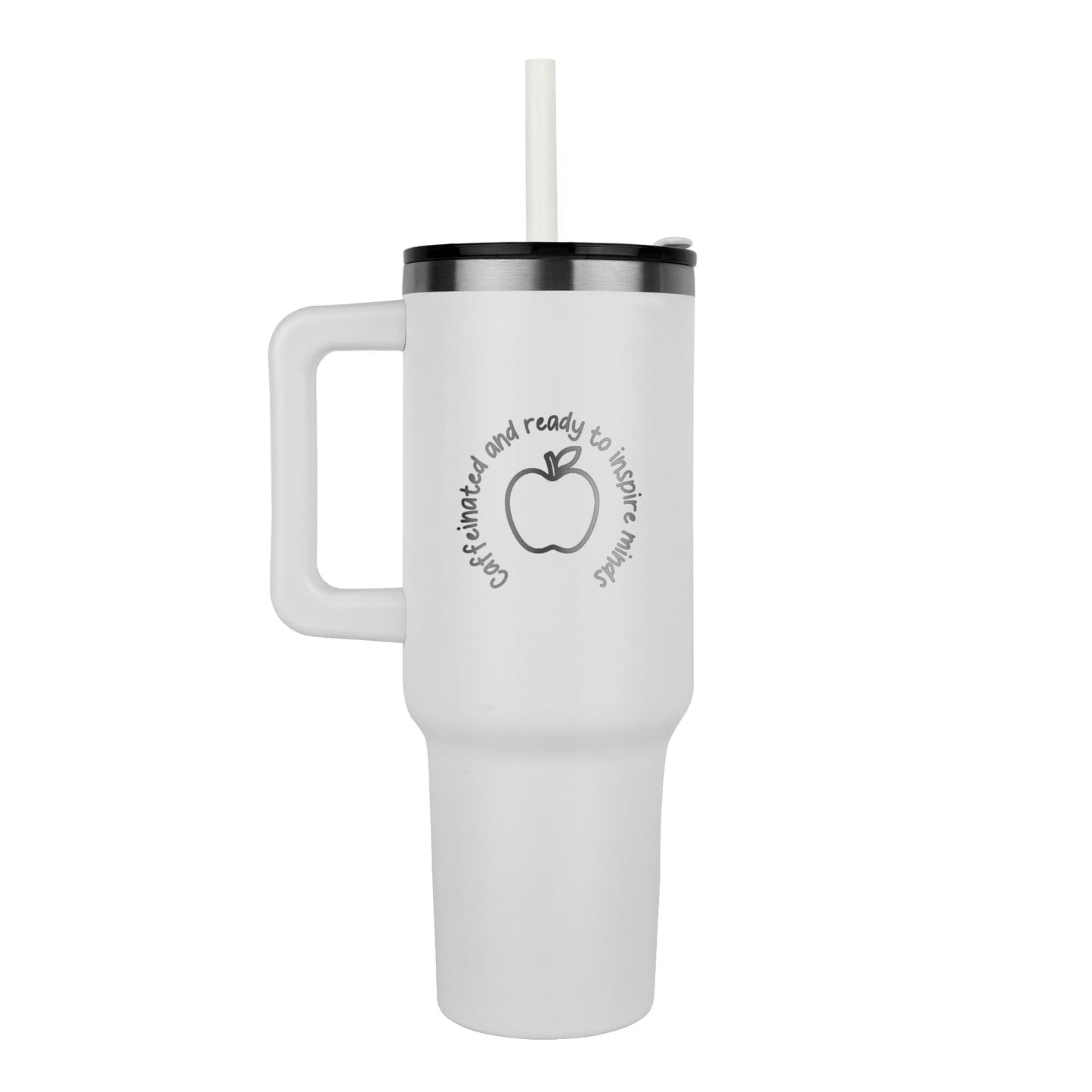 Pinnacle 40oz Teacher Tumbler – “Caffeinated and Ready to Inspire Minds” | Laser Engraved Stainless Steel Cup with Handle &amp; Straw
