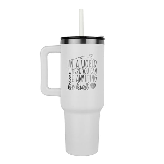 “Be Kind” Laser Engraved Stainless Steel Travel Mug-Pinnacle 40oz Insulated Tumbler with Handle Straw