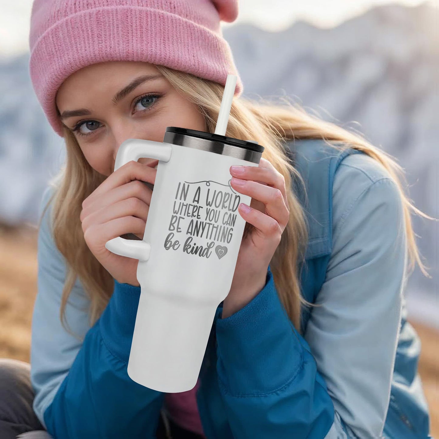 “Be Kind” Laser Engraved Stainless Steel Travel Mug-Pinnacle 40oz Insulated Tumbler with Handle Straw