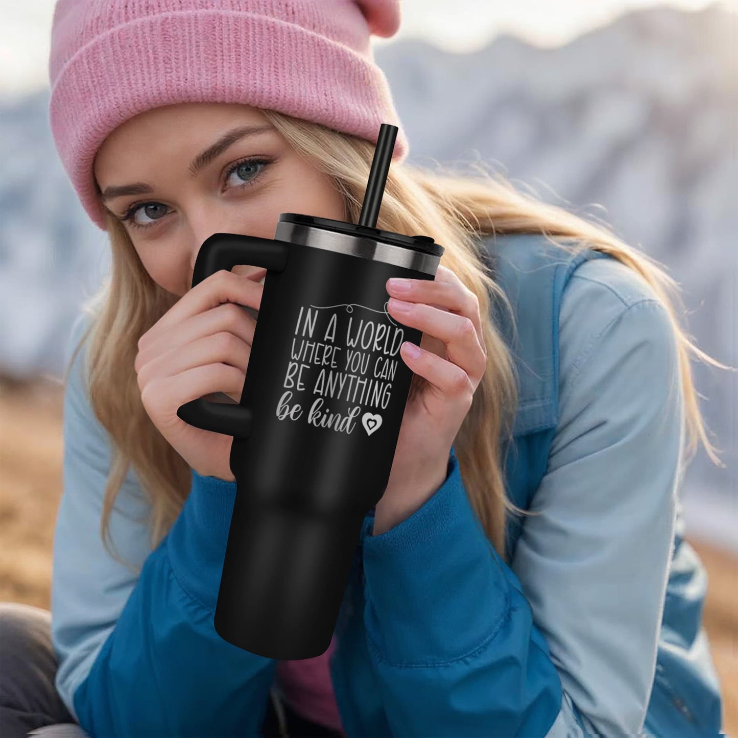 “Be Kind” Laser Engraved Stainless Steel Travel Mug-Pinnacle 40oz Insulated Tumbler with Handle Straw