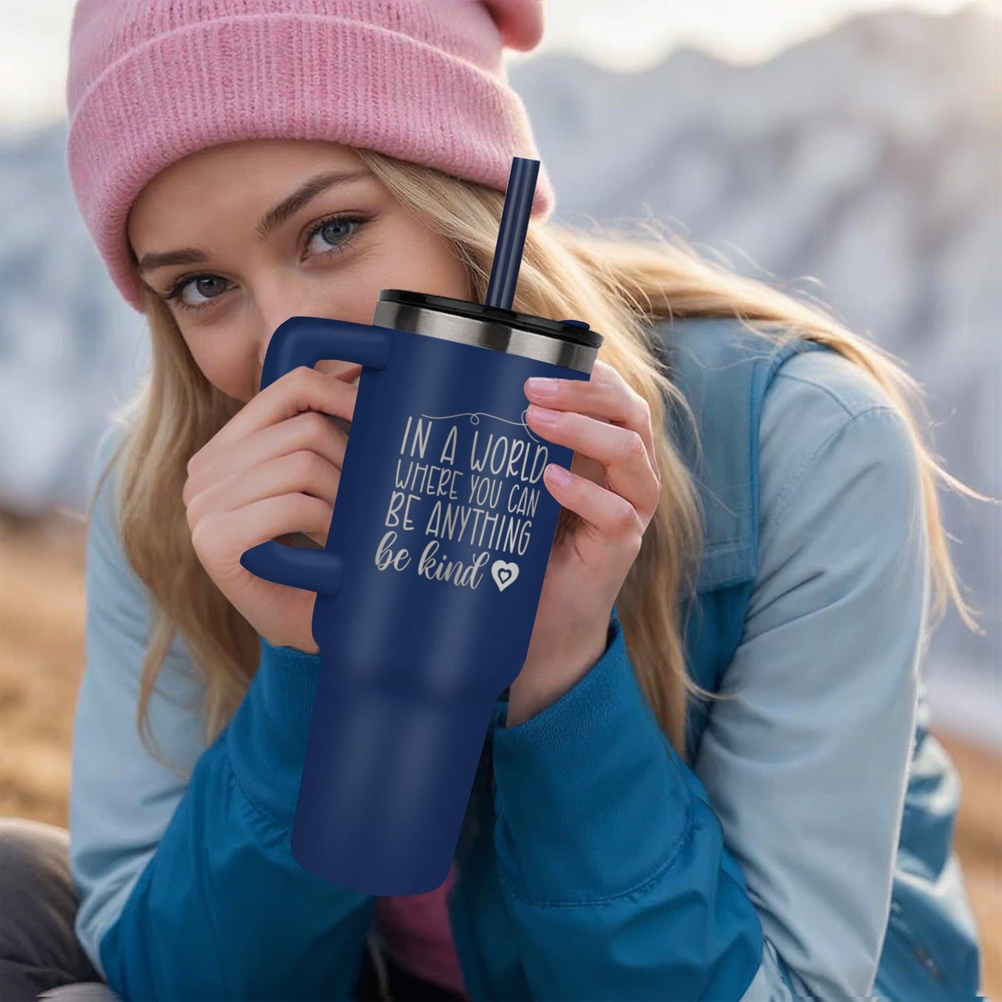 “Be Kind” Laser Engraved Stainless Steel Travel Mug-Pinnacle 40oz Insulated Tumbler with Handle Straw
