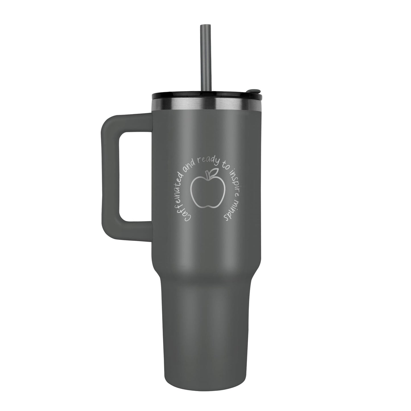 Pinnacle 40oz Teacher Tumbler – “Caffeinated and Ready to Inspire Minds” | Laser Engraved Stainless Steel Cup with Handle &amp; Straw