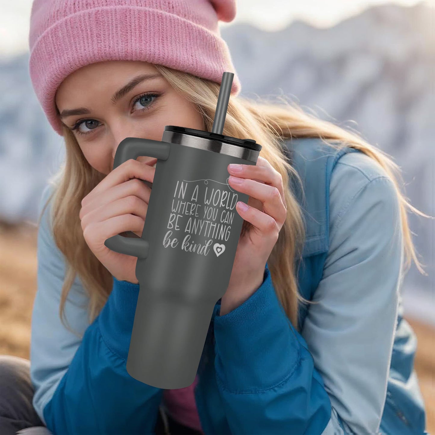 “Be Kind” Laser Engraved Stainless Steel Travel Mug-Pinnacle 40oz Insulated Tumbler with Handle Straw