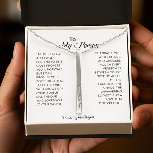 Engraved 4-Sided Stick Necklace in gift box with personalized message card, modern custom bar pendant for names, dates, or meaningful words.