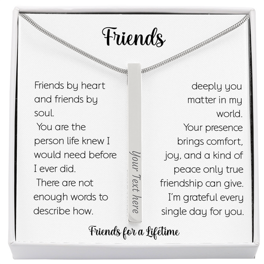 Personalized 4-sided engraved stick bar necklace in elegant white gift box with "Friends" sentiment card, featuring vertical silver pendant on adjustable snake chain, perfect bridesmaid gift, graduation present, or custom jewelry for weddings and special occasions