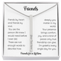 Personalized 4-sided engraved stick bar necklace in elegant white gift box with "Friends" sentiment card, featuring vertical silver pendant on adjustable snake chain, perfect bridesmaid gift, graduation present, or custom jewelry for weddings and special occasions