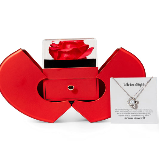 “Red heart-shaped rose gift box with preserved rose and love knot necklace gift set with greeting card – romantic jewelry gift for her”