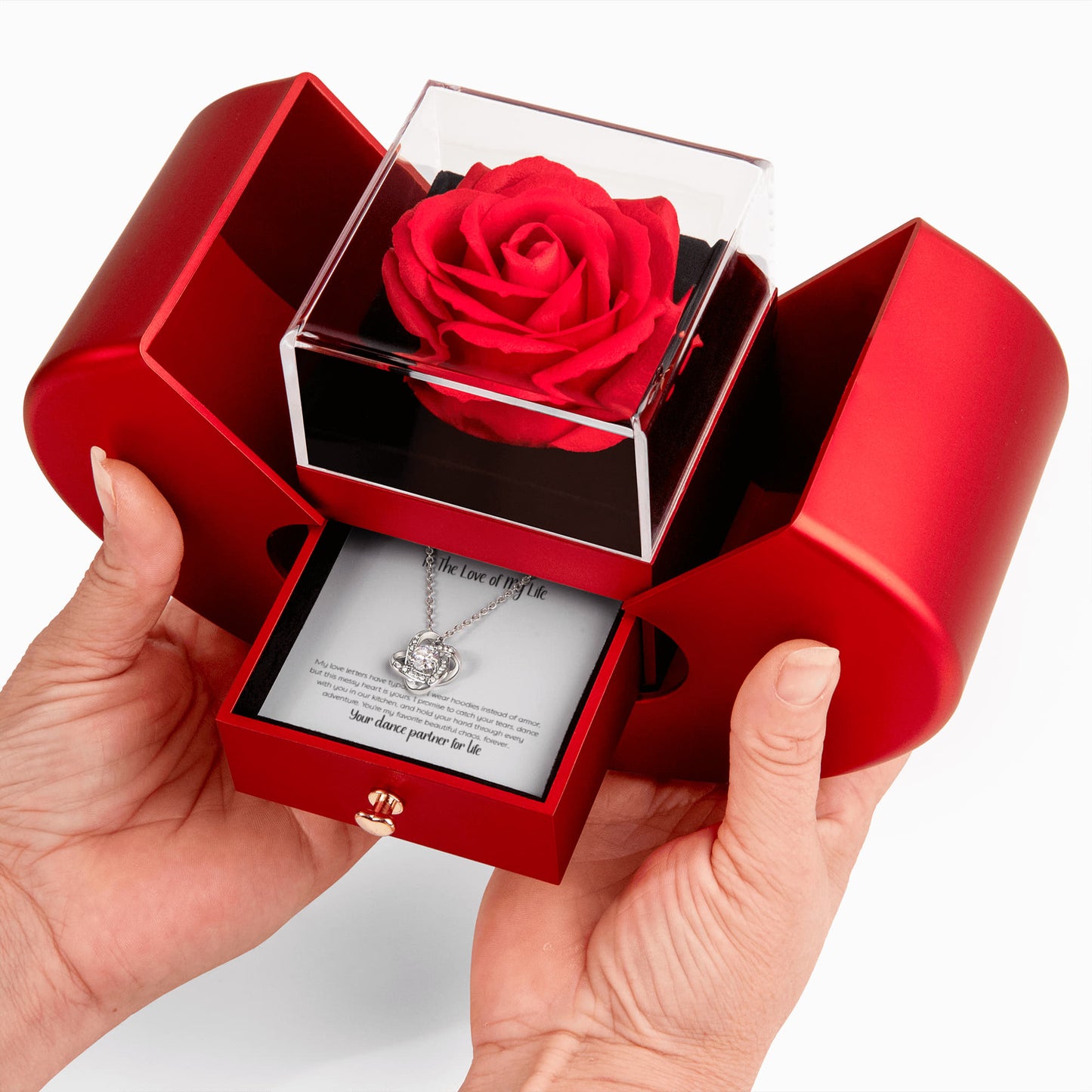 Rose Gift Box with Love Knot Necklace – Eternal Rose Greeting Card Gift Set for Wife