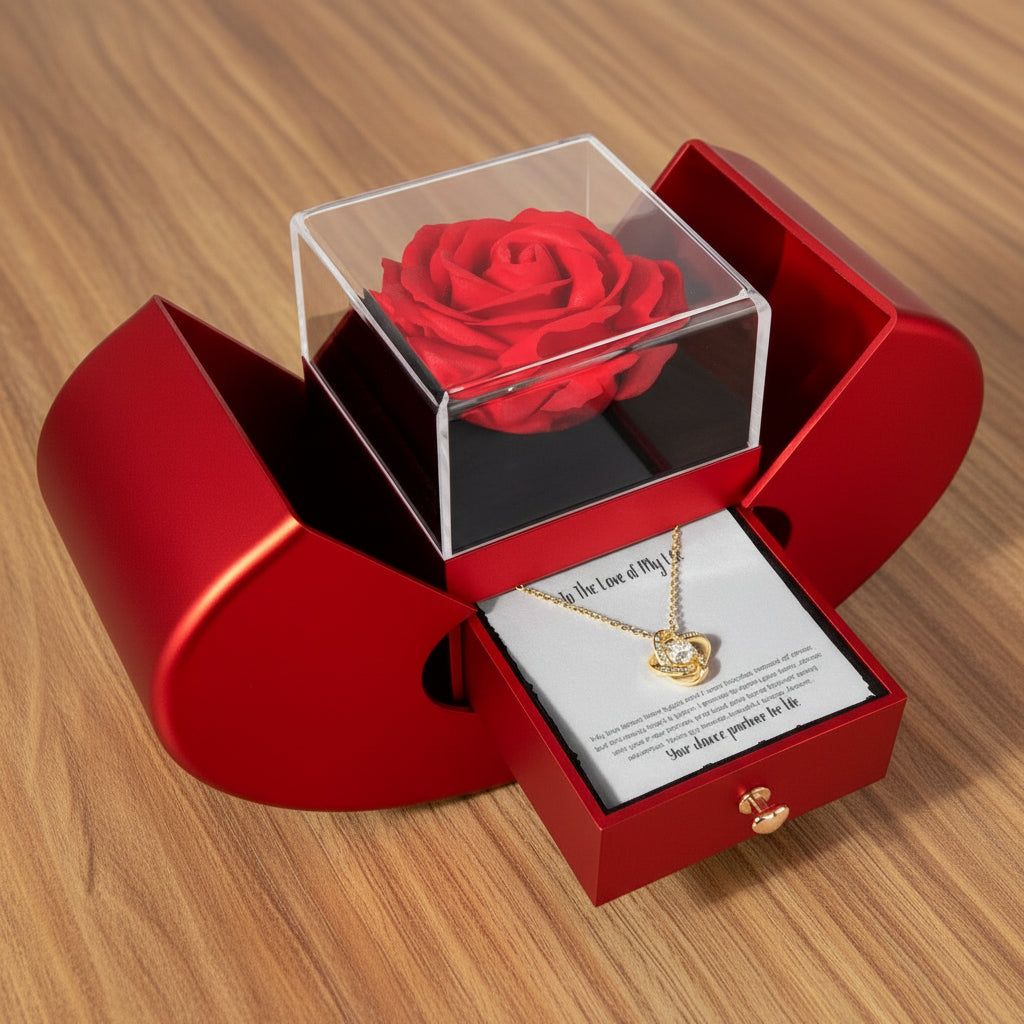 Rose Gift Box with Love Knot Necklace – Eternal Rose Greeting Card Gift Set for Wife