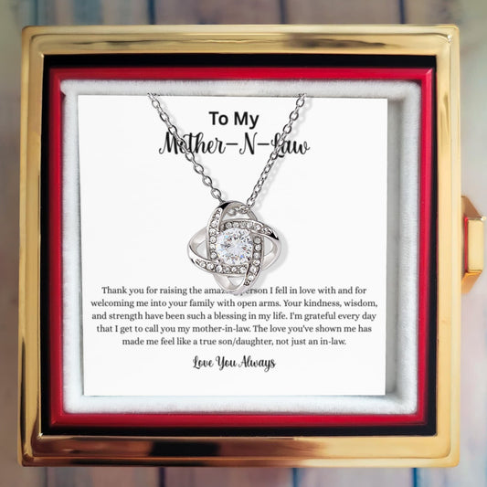 Elegant Love Knot Necklace for Mother-in-Law with preserved rose gift box and heartfelt thank you message card