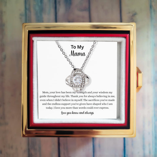"Love Knot Necklace gift for mom with preserved rose box and emotional message card expressing love and gratitude"