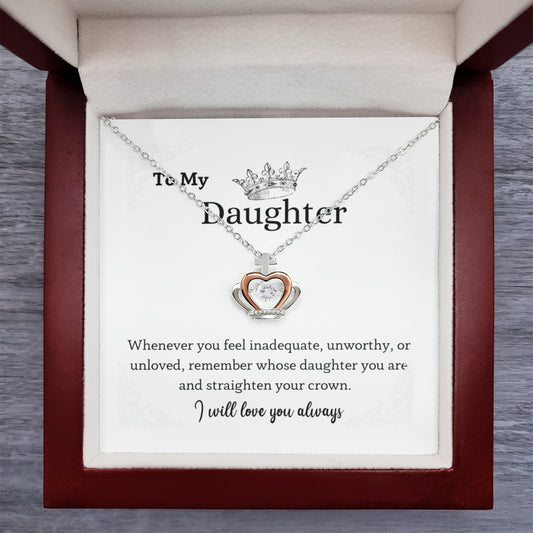 Crown Pendant Necklace for Daughter – Sterling Silver and Rose Gold Heart Design with Cubic Zirconia – Gift Box with Message Card "Straighten Your Crown"