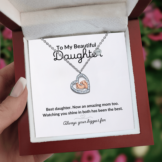 Baby Feet Heart Necklace – To My Daughter New Mom Gift, Sterling Silver Rose Gold CZ Necklace, Push Present, Baby Shower &amp; Mother's Day Gift