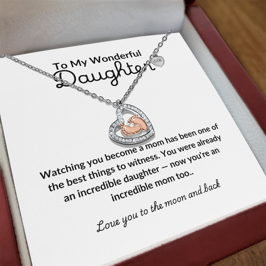 Baby Feet Heart Necklace – To My Wonderful Daughter Gift, Sterling Silver Rose Gold CZ Necklace, New Mom Gift, Mother's Day &amp; Baby Shower Present