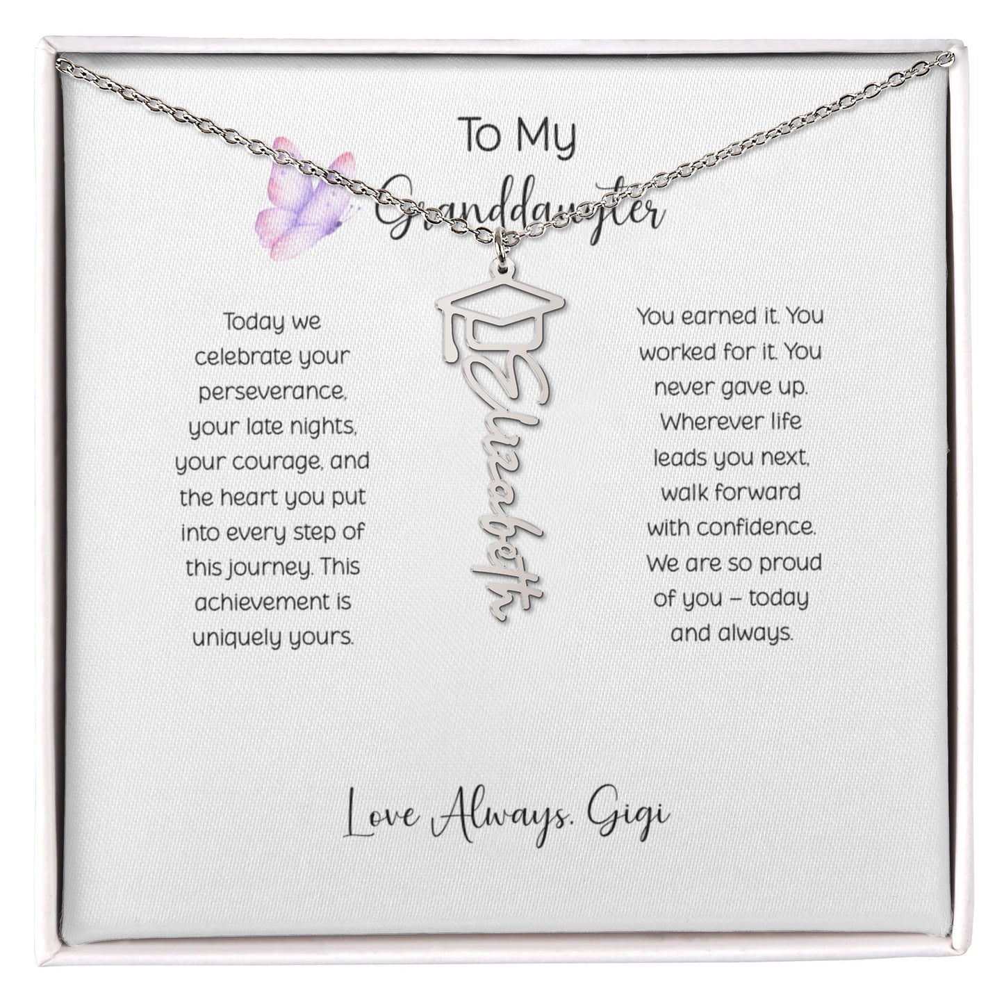 Personalized graduation name necklace with script font and graduation cap charm displayed on sentimental granddaughter graduation gift message card from Gigi