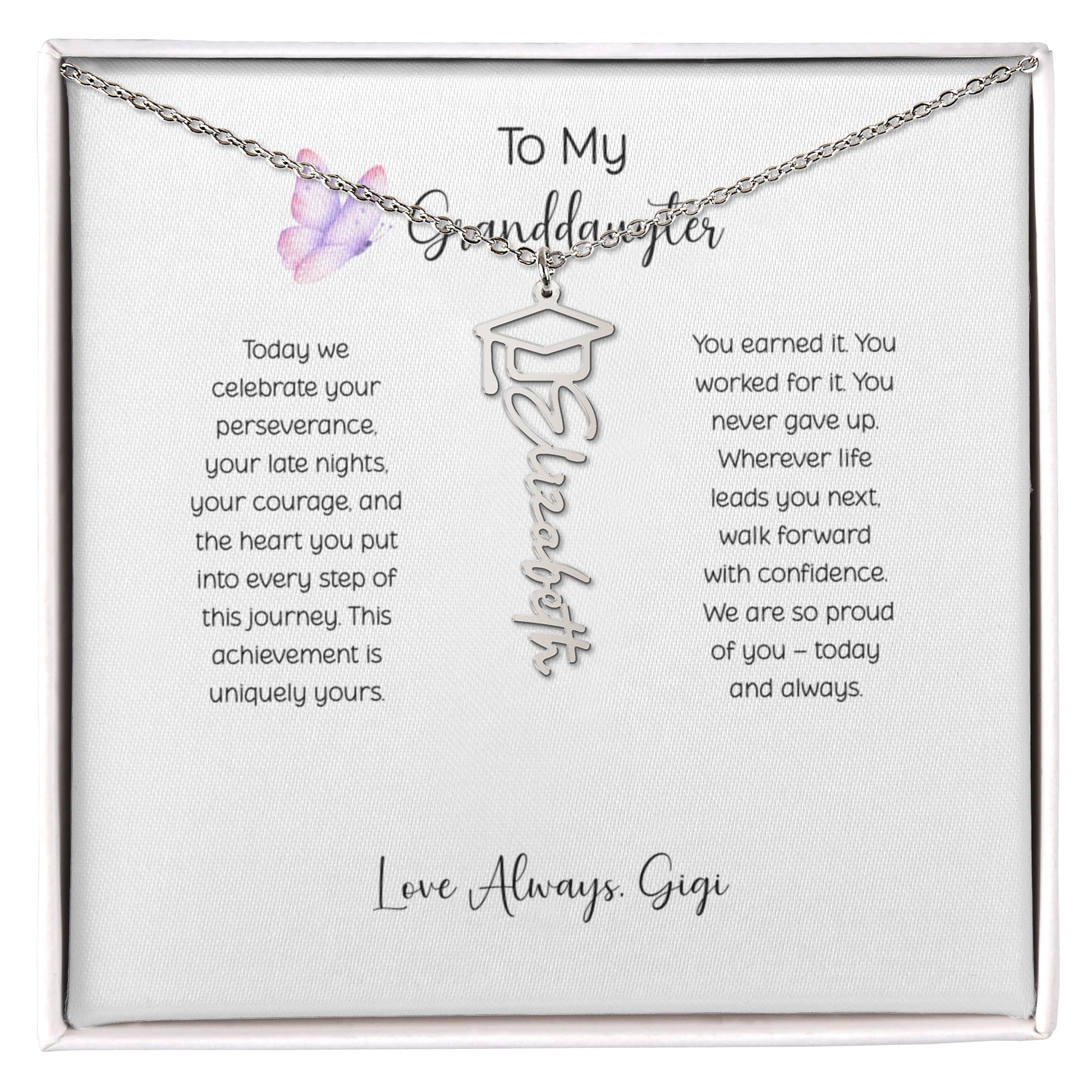 Personalized graduation name necklace with script font and graduation cap charm displayed on sentimental granddaughter graduation gift message card from Gigi