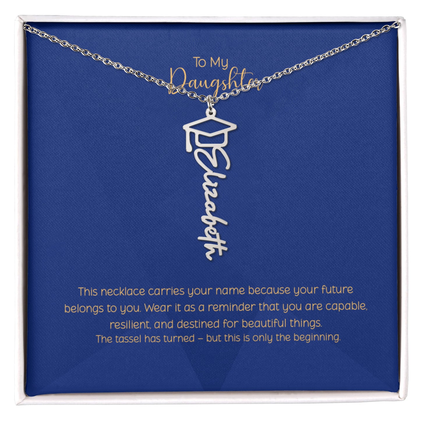 Personalized graduation name necklace with script font and graduation cap charm on blue message card for daughter Class of 2026 gift