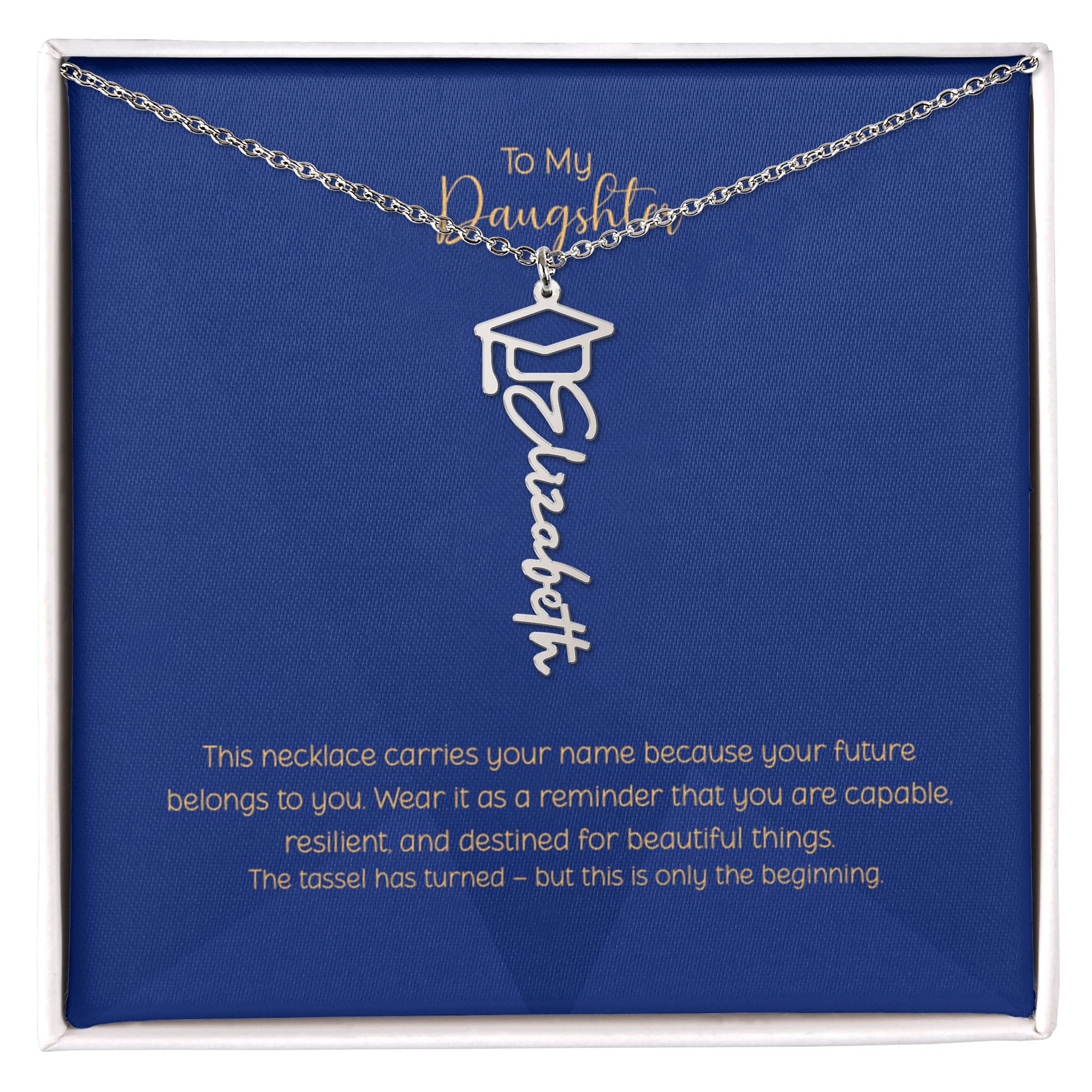 Personalized graduation name necklace with script font and graduation cap charm on blue message card for daughter Class of 2026 gift
