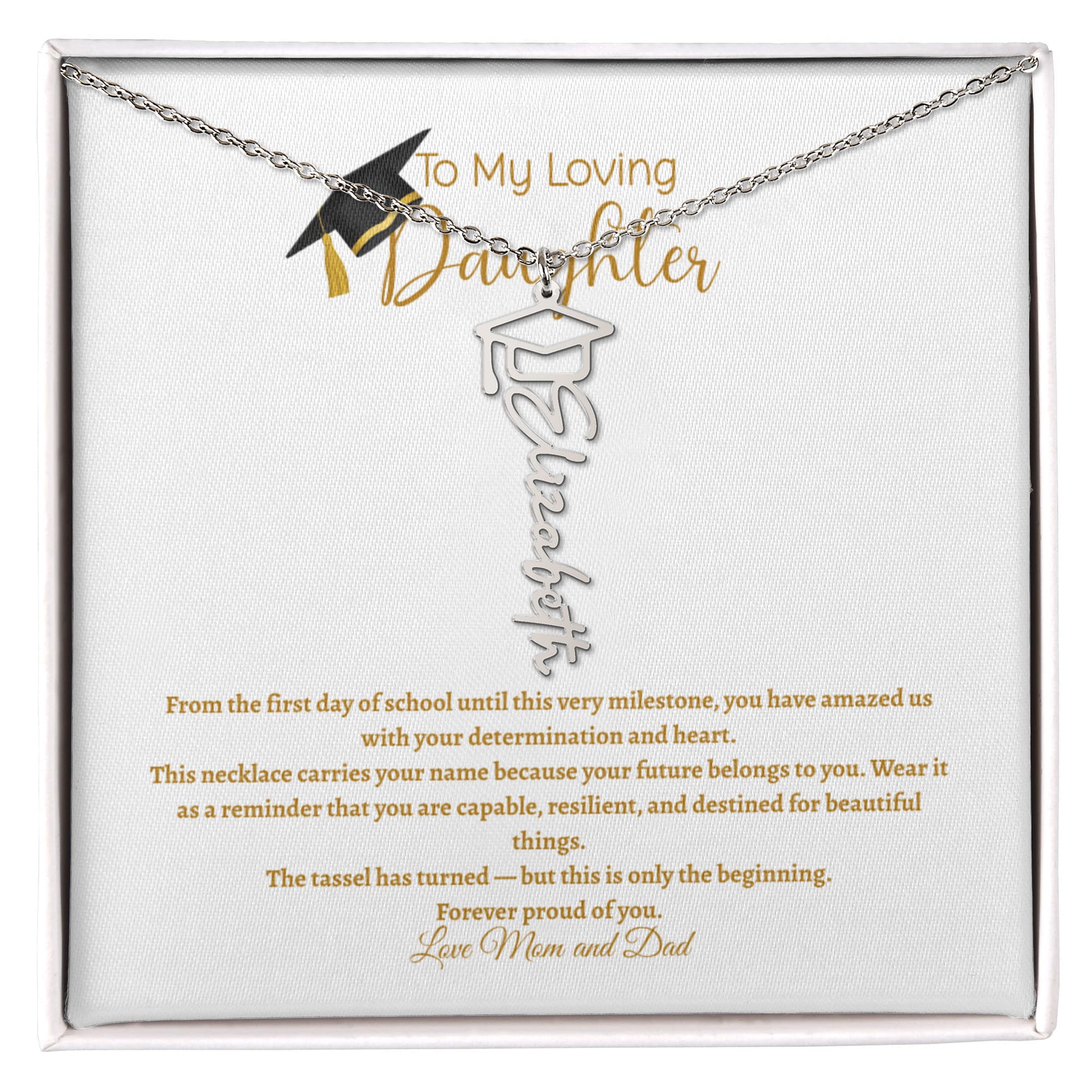 Personalized graduation name necklace with graduation cap charm in silver stainless steel displayed on gift card for daughter graduation gift, custom Class of 2026 jewelry keepsake