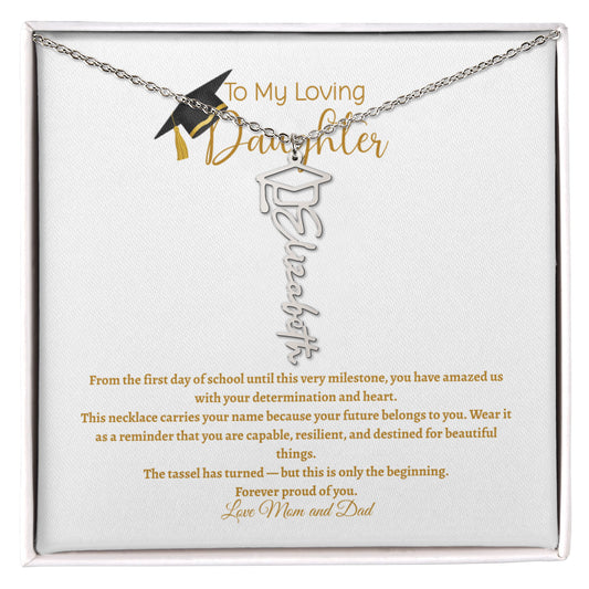 Personalized graduation name necklace with graduation cap charm in silver stainless steel displayed on gift card for daughter graduation gift, custom Class of 2026 jewelry keepsake
